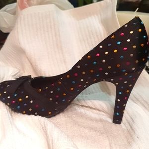Black satin with polka dot shoes heels 4"